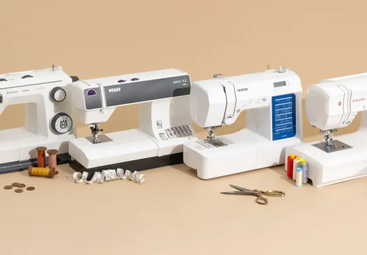 A sewing professional's dream: four white sewing machines from Husqvarna, Pfaff, Brother, and Singer, with spools of thread, fabric, and scissors.