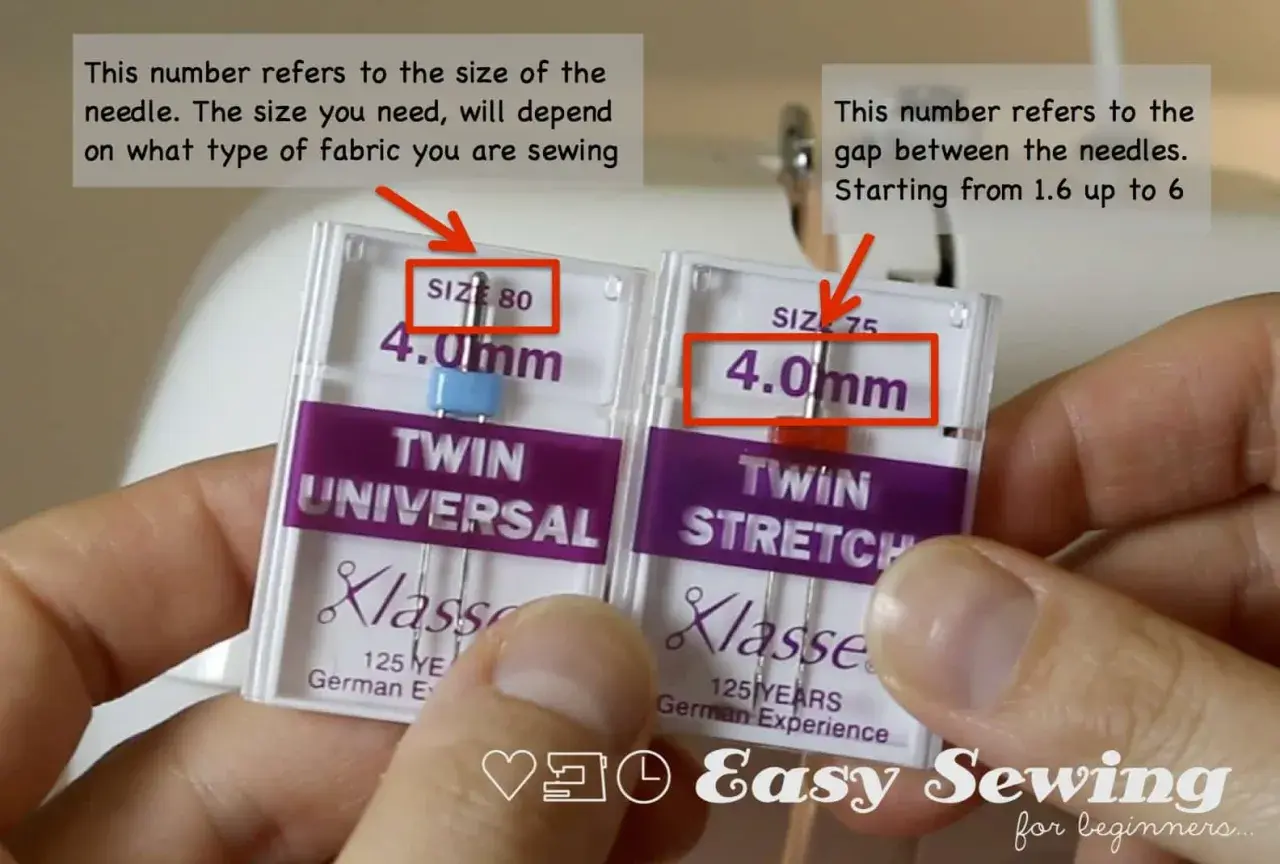 Hands hold twin needle packs, showing sizes 80 and 75. The gap between needles is also a key factor.