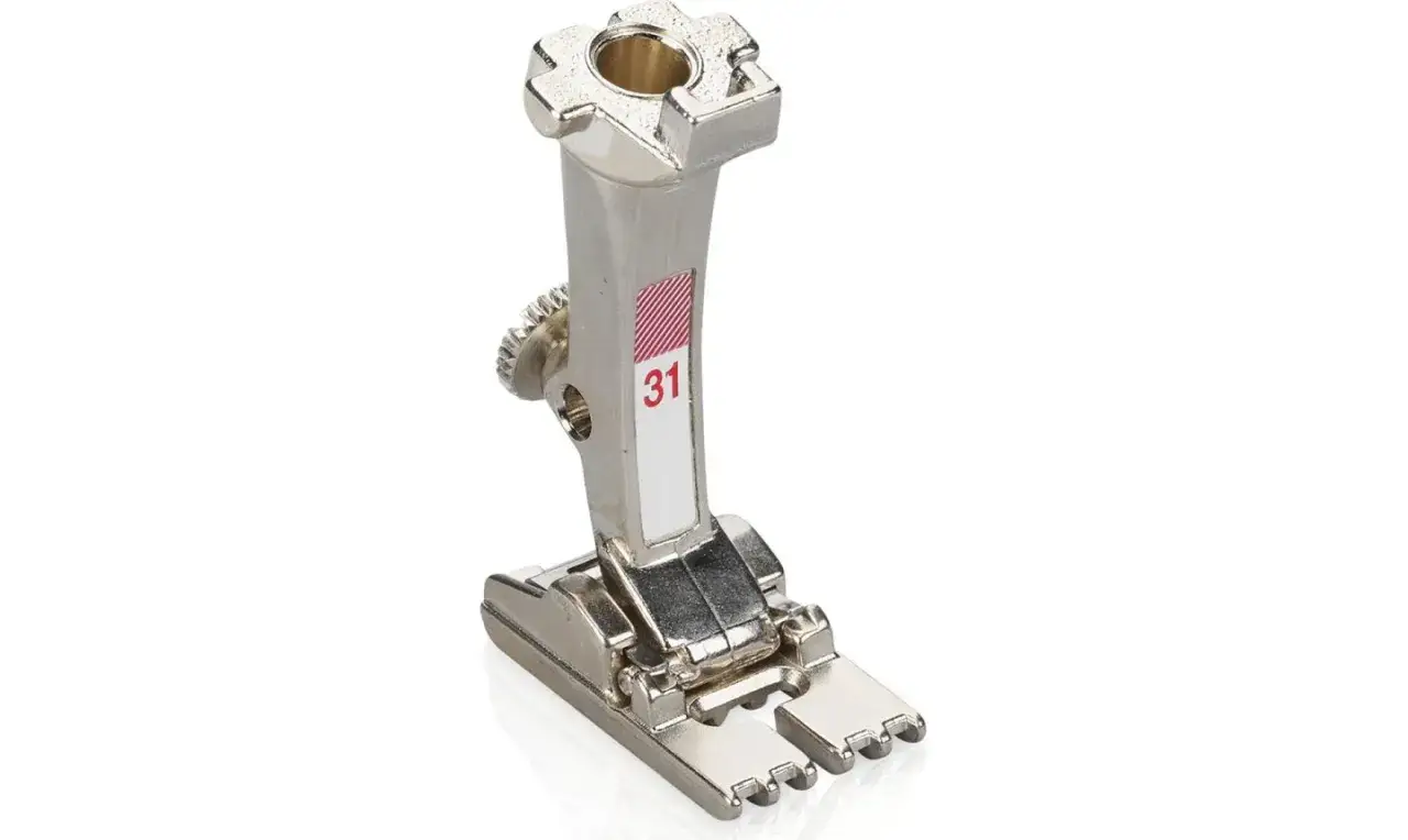 A metal presser foot, labeled 