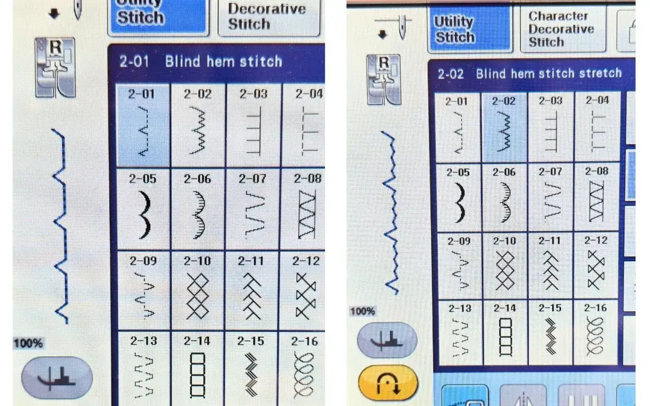 Sewing machine screen showing options for how to use a blind stitch foot, with various stitch patterns displayed.