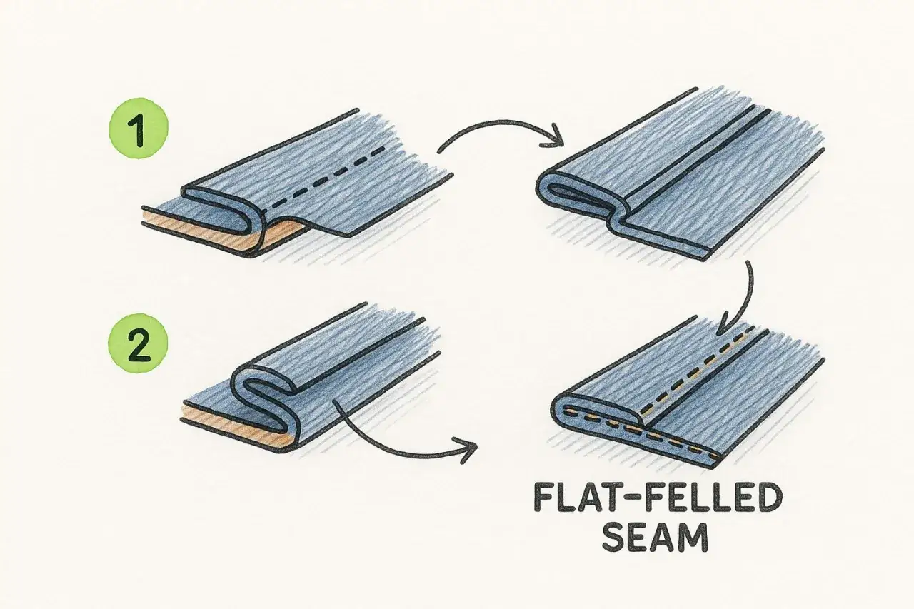 Illustration showing how to create a flat-felled seam, a strong and neat finish often used on jeans.