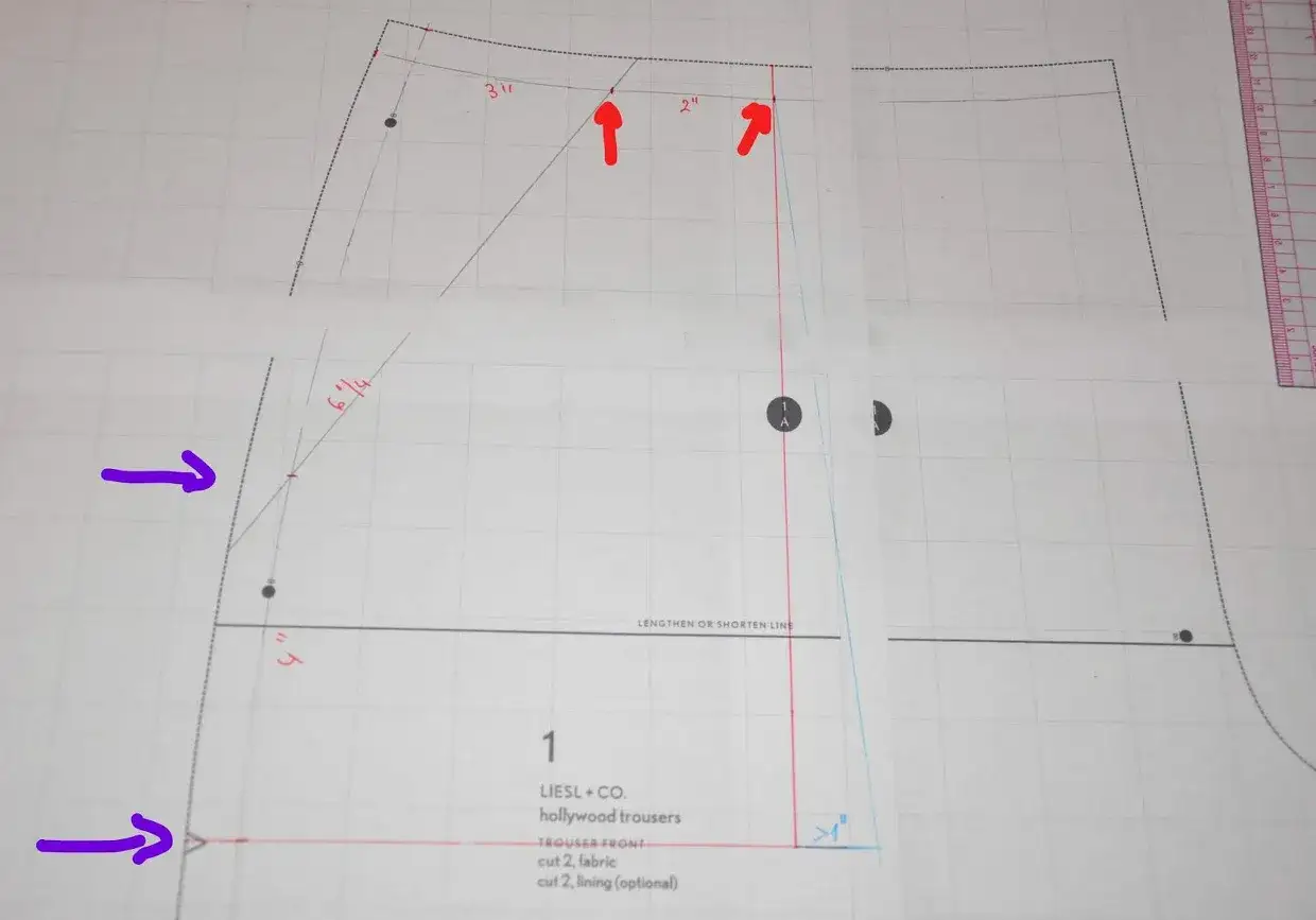 Sewing front pockets on pants: pattern pieces show measurements and markings for placement. Red arrows indicate stitching points.