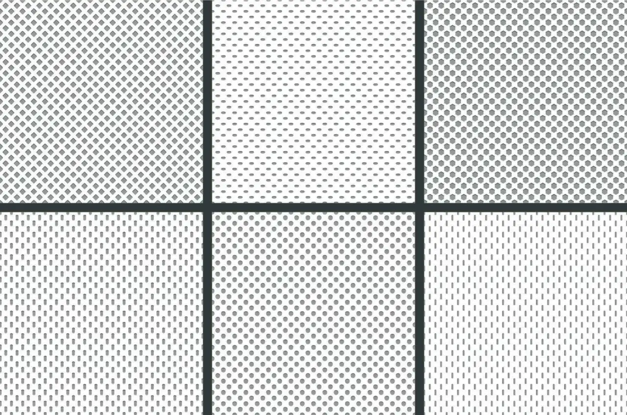 Six patterns of perforated sports clothing material: diamond, small dots, hexagons, elongated dots, and two variations of vertical slits.